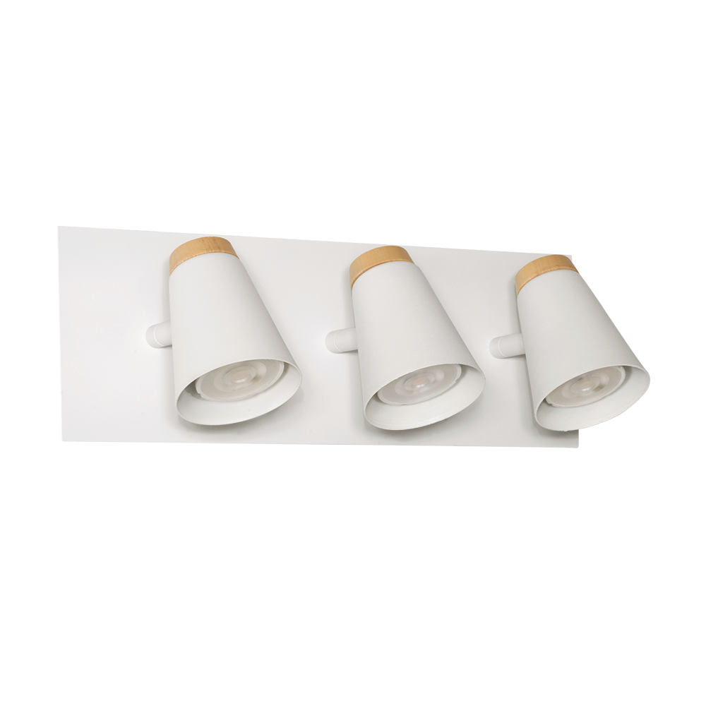 APLIQUE 3 LUCES BASE CUADRADA BLANCO C/MADERA CONICO